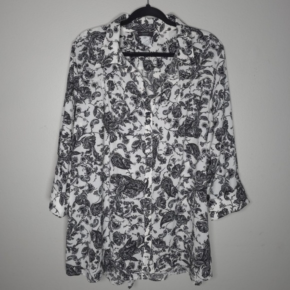 Cocomo Tops - Cocomo Womens 2X Black White Paisley Floral Print Button Up Top Stretch‎ Artsy